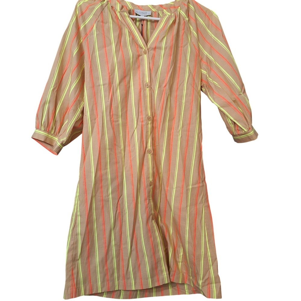 New S'edge Amanda Dress Sz S Tan Stripe Neon ButtonFront‎ Mini Office Orig $248